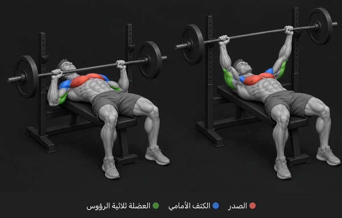 Bench Press: رسم تشريحي تظهر فيه العضلات العاملة ملوّنة ومسمّاة