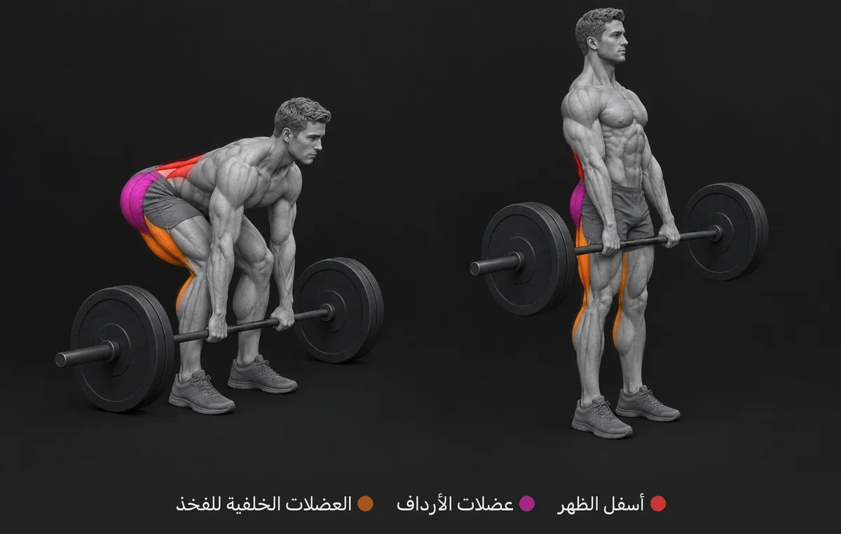 Deadlift: رسم تشريحي تظهر فيه العضلات العاملة ملوّنة ومسمّاة