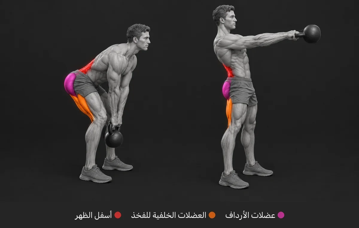 Kettlebell Swing: رسم تشريحي تظهر فيه العضلات العاملة ملوّنة ومسمّاة
