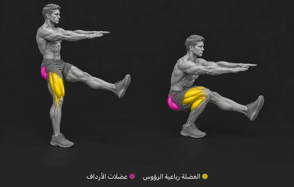 Pistol Squat: رسم تشريحي تظهر فيه العضلات العاملة ملوّنة ومسمّاة