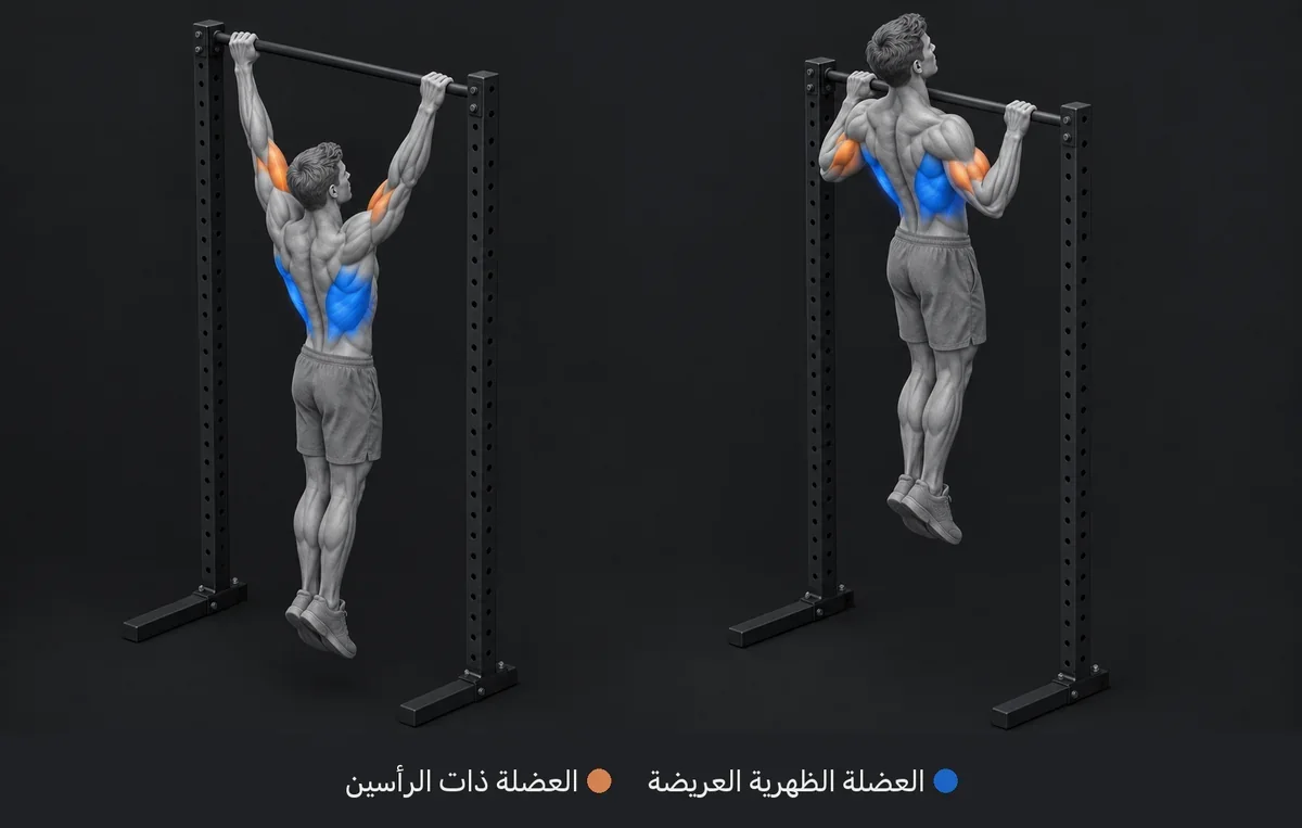 Pull Up: رسم تشريحي تظهر فيه العضلات العاملة ملوّنة ومسمّاة