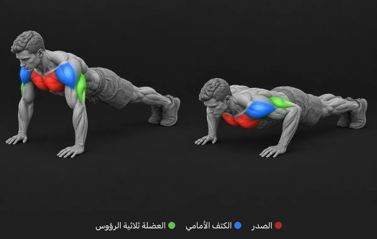 Push Up: رسم تشريحي تظهر فيه العضلات العاملة ملوّنة ومسمّاة