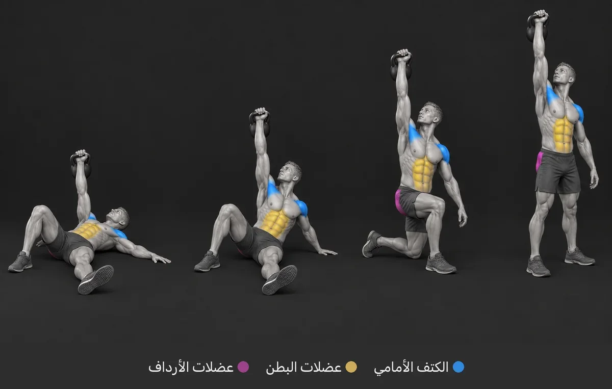 Turkish Get Up: رسم تشريحي تظهر فيه العضلات العاملة ملوّنة ومسمّاة