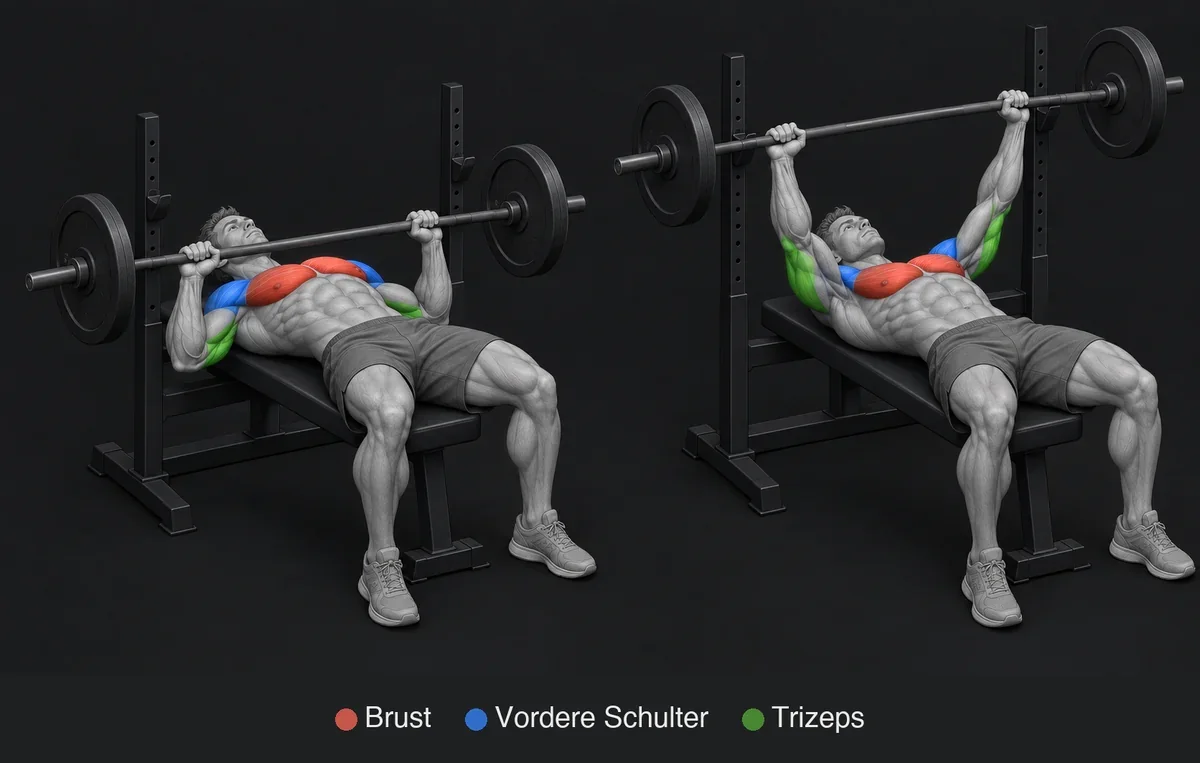 Bench Press: anatomische Zeichnung mit hervorgehobenen und beschrifteten Muskeln