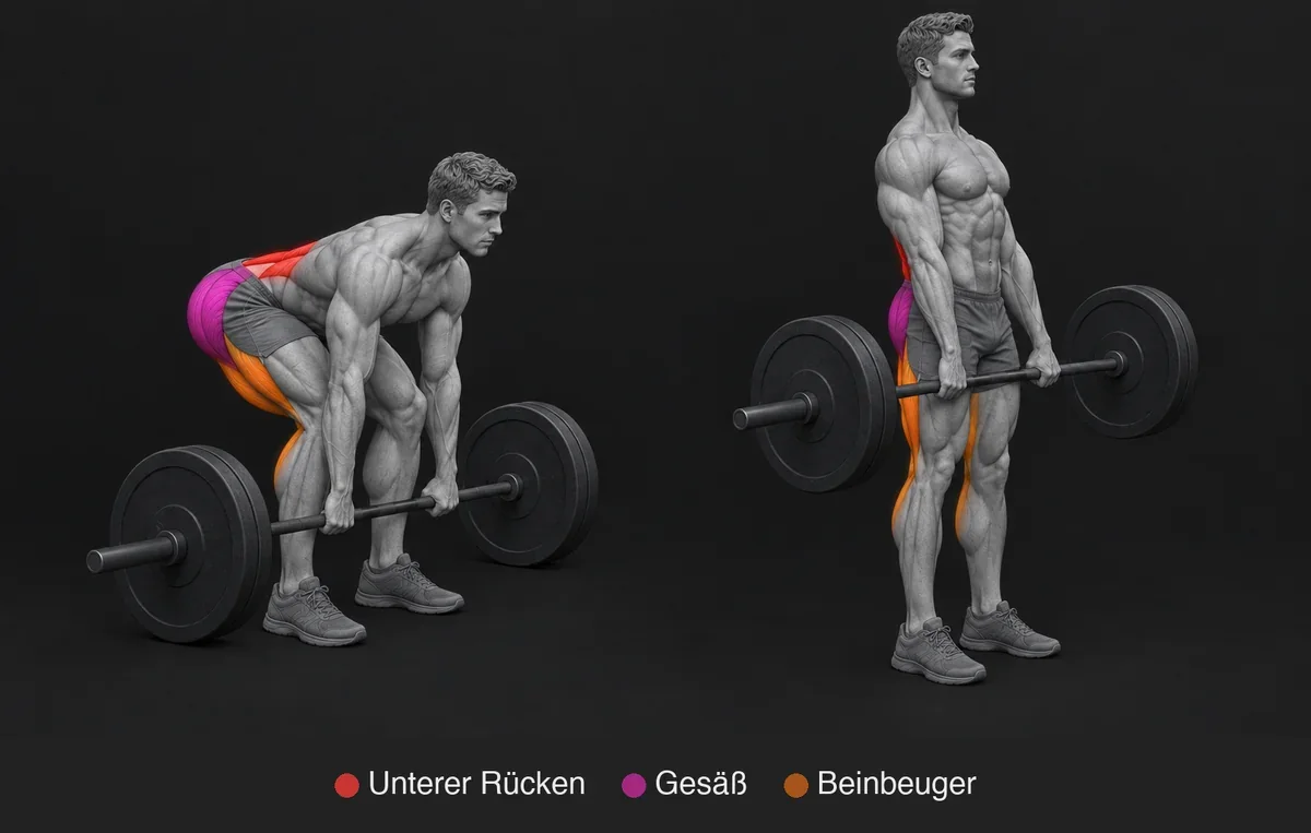 Deadlift: anatomische Zeichnung mit hervorgehobenen und beschrifteten Muskeln