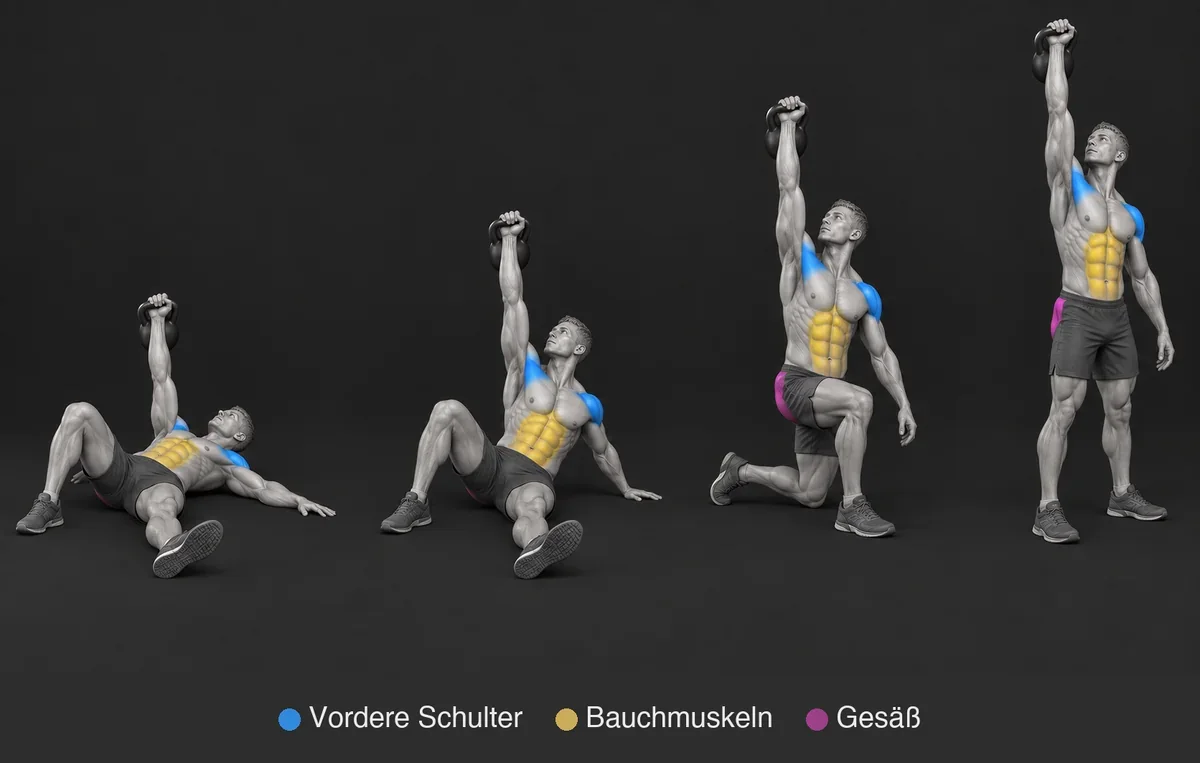 Turkish Get Up: anatomische Zeichnung mit hervorgehobenen und beschrifteten Muskeln
