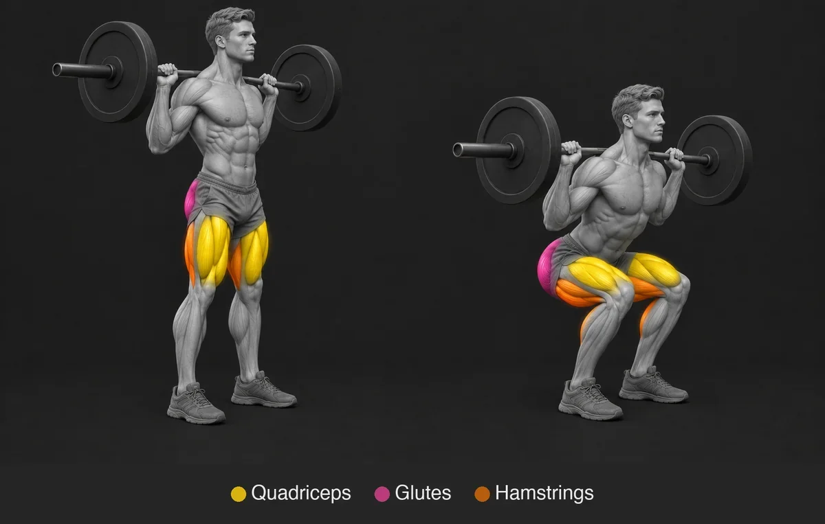 Anatomical illustration of a barbell back squat with the quadriceps, glutes and hamstrings highlighted