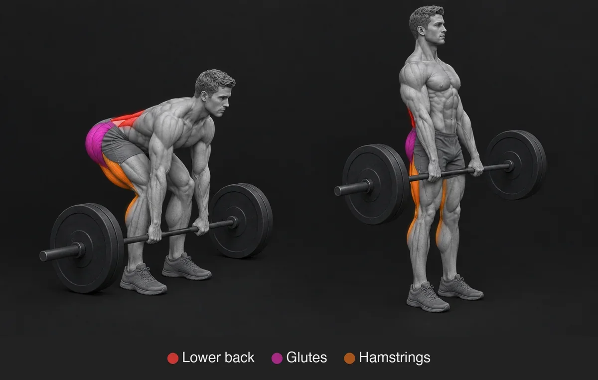 Deadlift: anatomical illustration with the working muscles highlighted and labelled