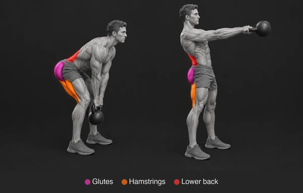 Kettlebell Swing: anatomical illustration with the working muscles highlighted and labelled
