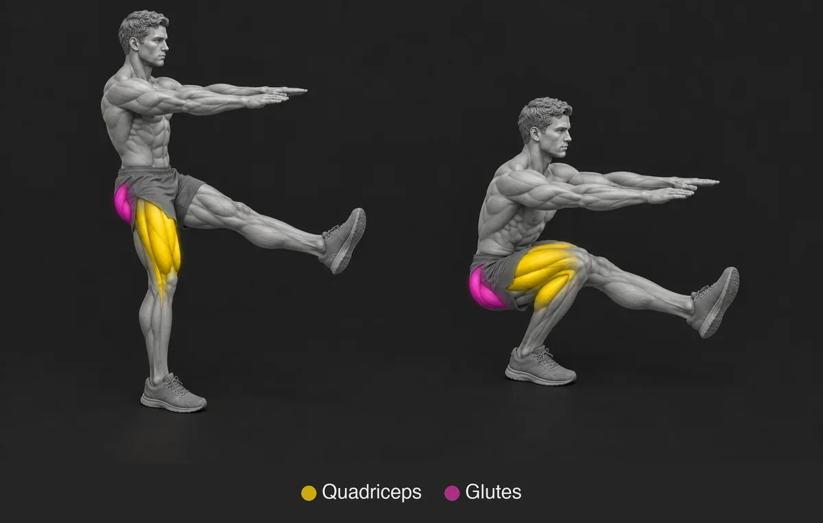 Pistol Squat: anatomical illustration with the working muscles highlighted and labelled