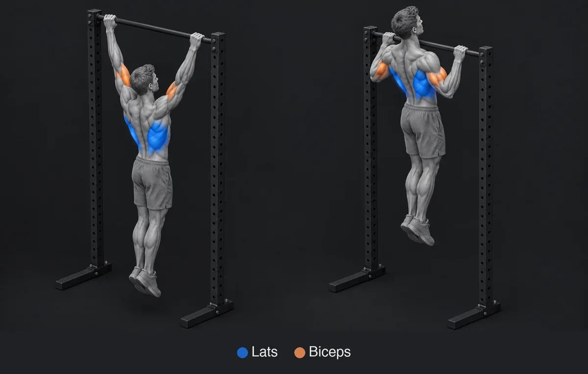 Pull Up: anatomical illustration with the working muscles highlighted and labelled