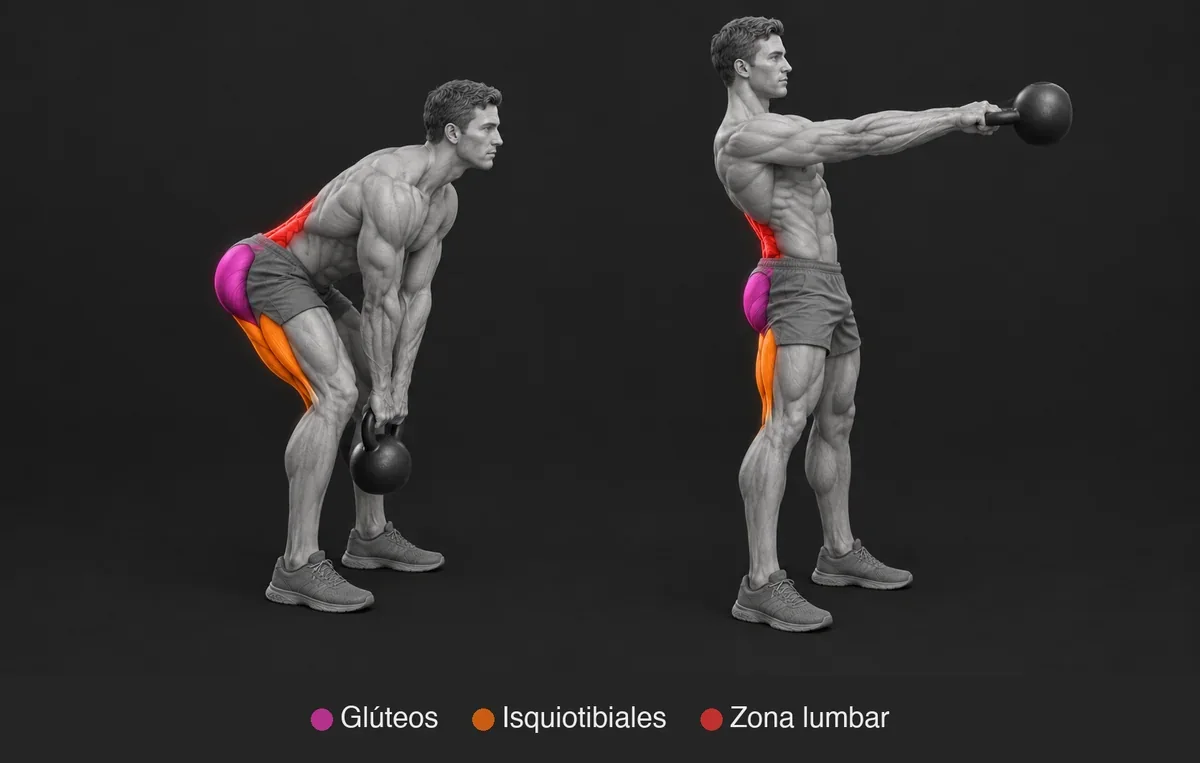 Kettlebell Swing: ilustración anatómica con los músculos que trabajan resaltados y nombrados