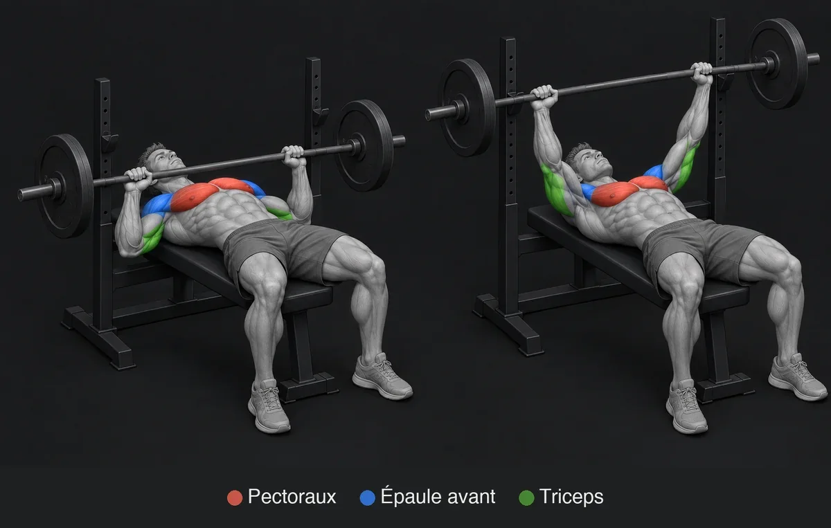 Bench Press : illustration anatomique avec les muscles sollicités mis en évidence et nommés