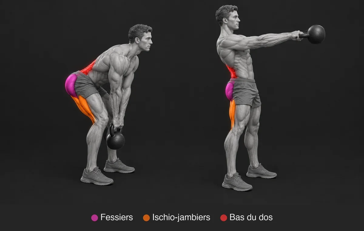 Kettlebell Swing : illustration anatomique avec les muscles sollicités mis en évidence et nommés