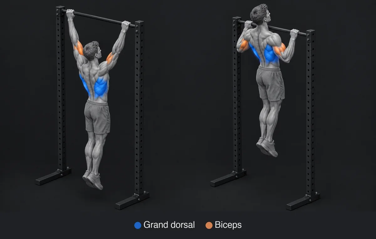 Pull Up : illustration anatomique avec les muscles sollicités mis en évidence et nommés