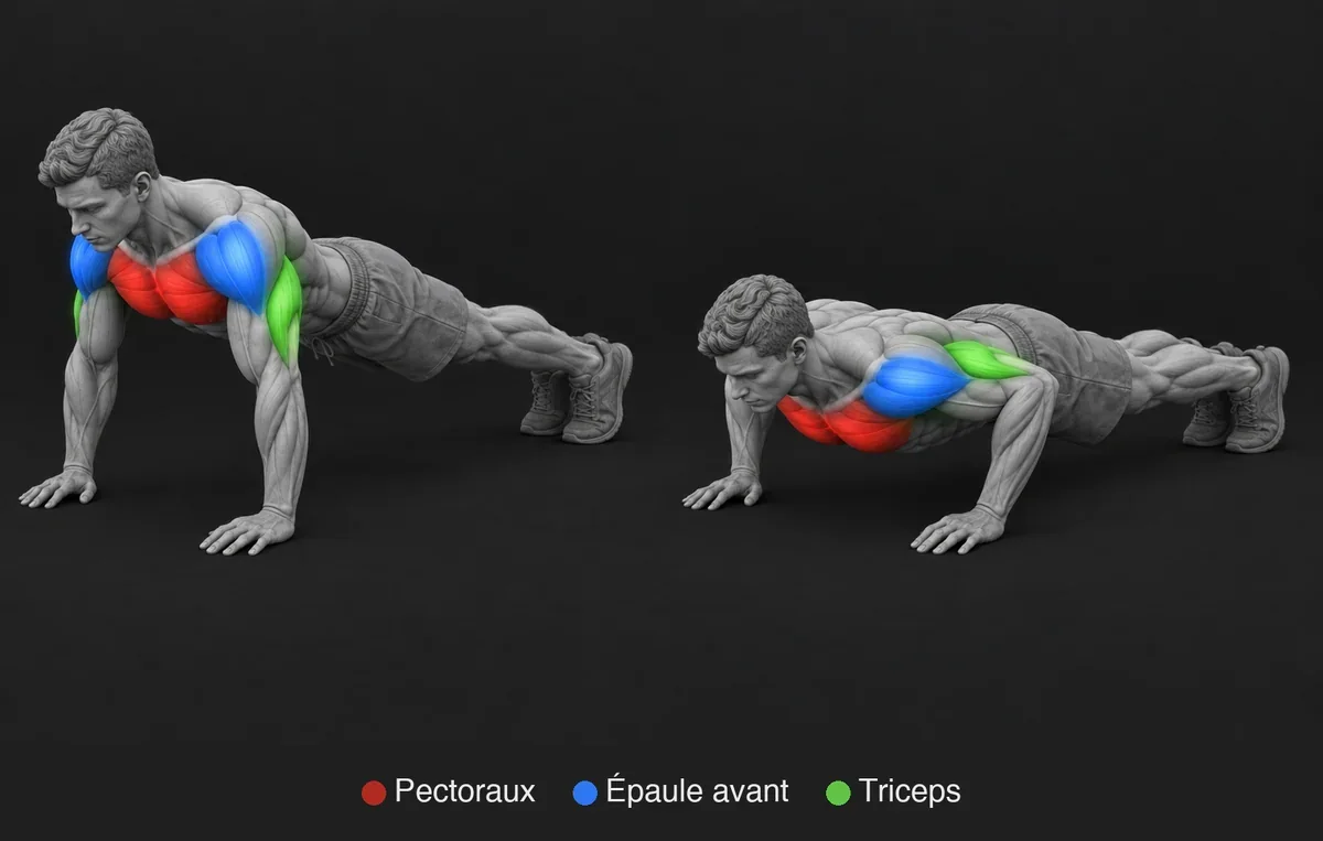 Push Up : illustration anatomique avec les muscles sollicités mis en évidence et nommés