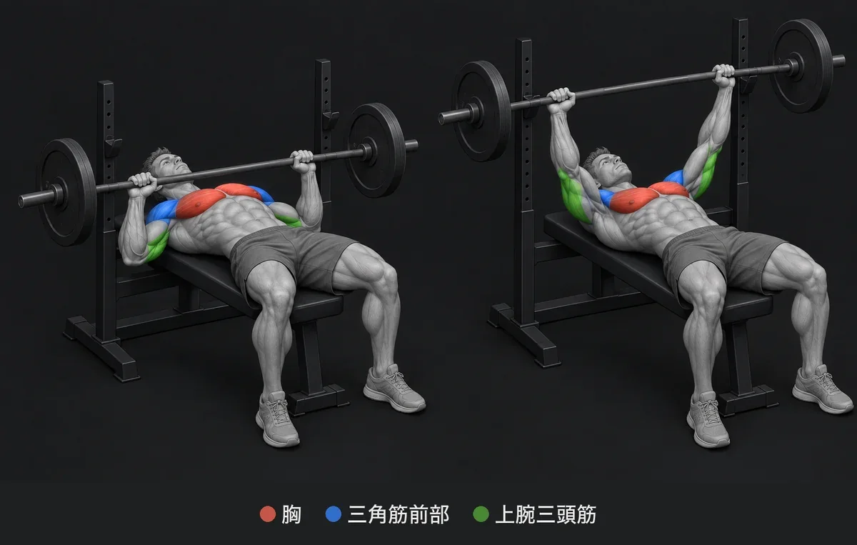 Bench Press：使う筋肉を色と名前で示した解剖イラスト