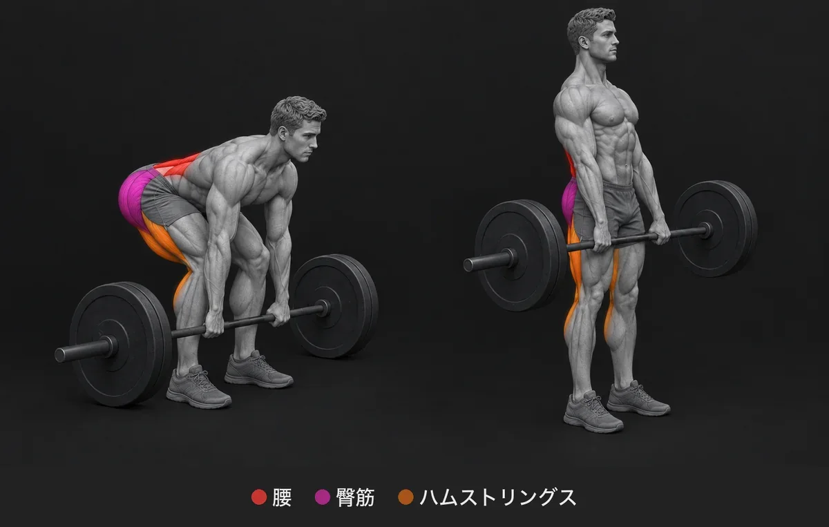 Deadlift：使う筋肉を色と名前で示した解剖イラスト