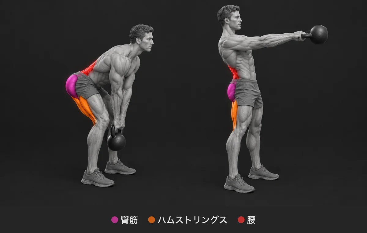 Kettlebell Swing：使う筋肉を色と名前で示した解剖イラスト