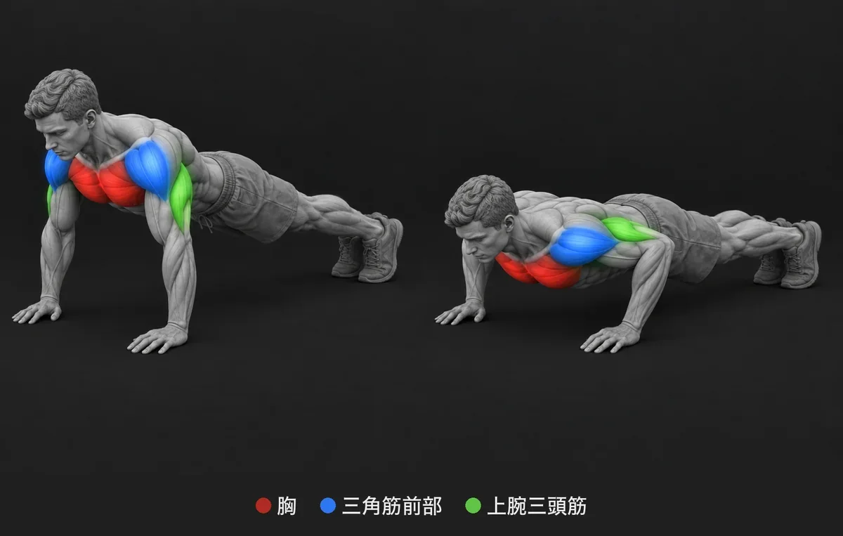 Push Up：使う筋肉を色と名前で示した解剖イラスト