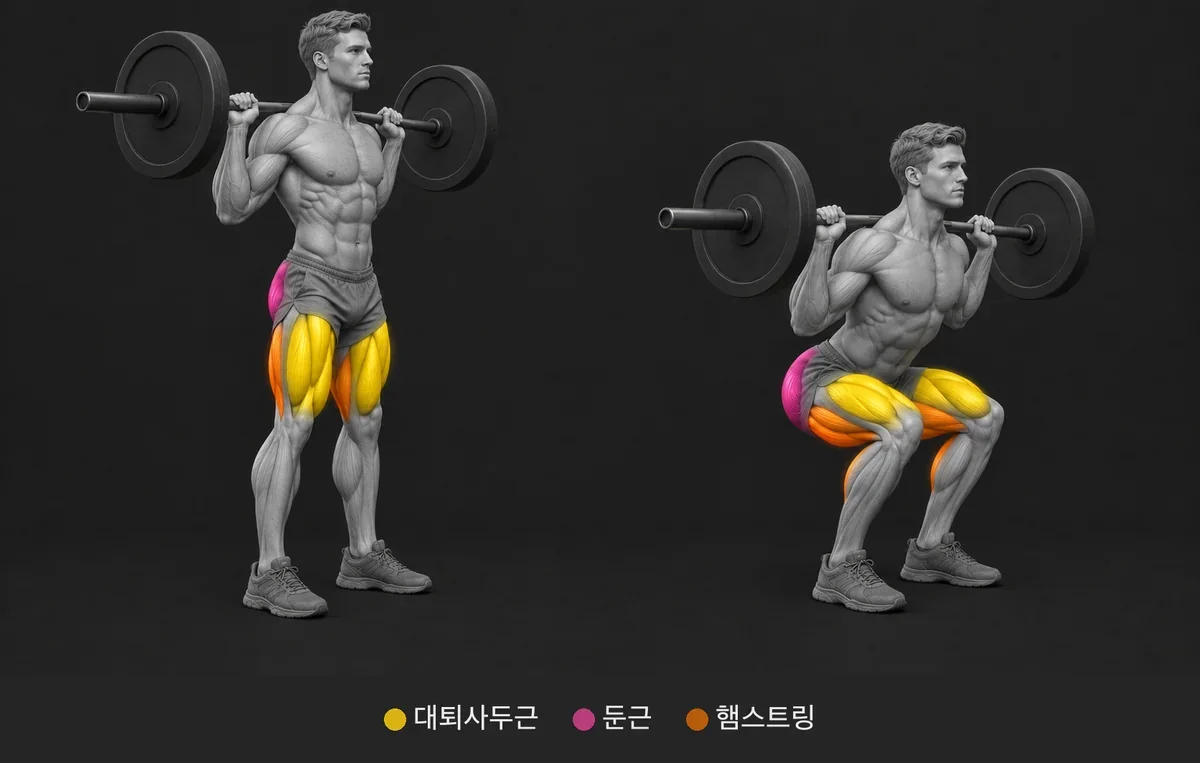 바벨 백 스쿼트 해부 그림. 대퇴사두근, 둔근, 햄스트링 강조