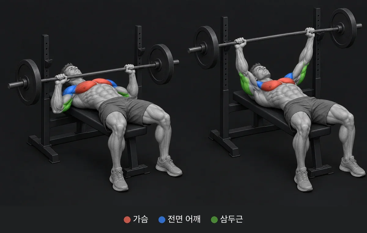 Bench Press: 쓰이는 근육을 색과 이름으로 표시한 해부 그림