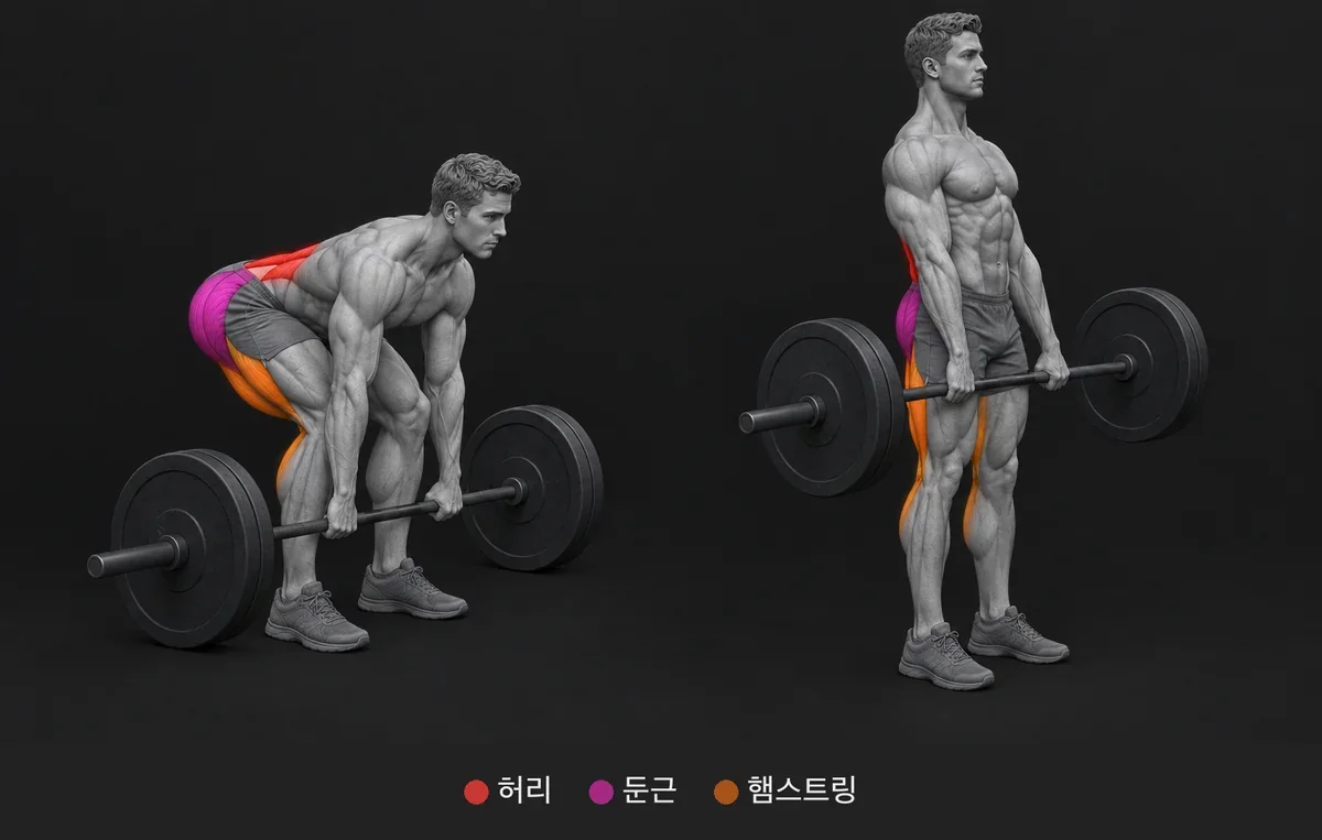 Deadlift: 쓰이는 근육을 색과 이름으로 표시한 해부 그림