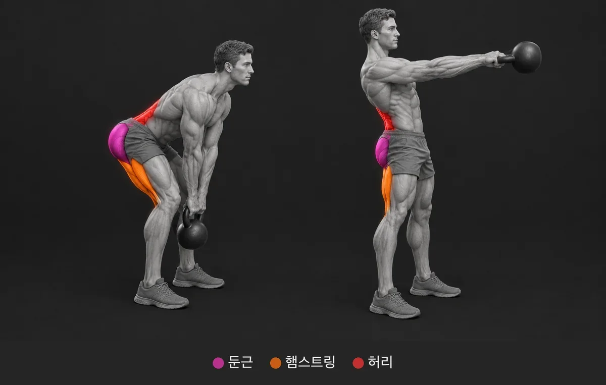 Kettlebell Swing: 쓰이는 근육을 색과 이름으로 표시한 해부 그림