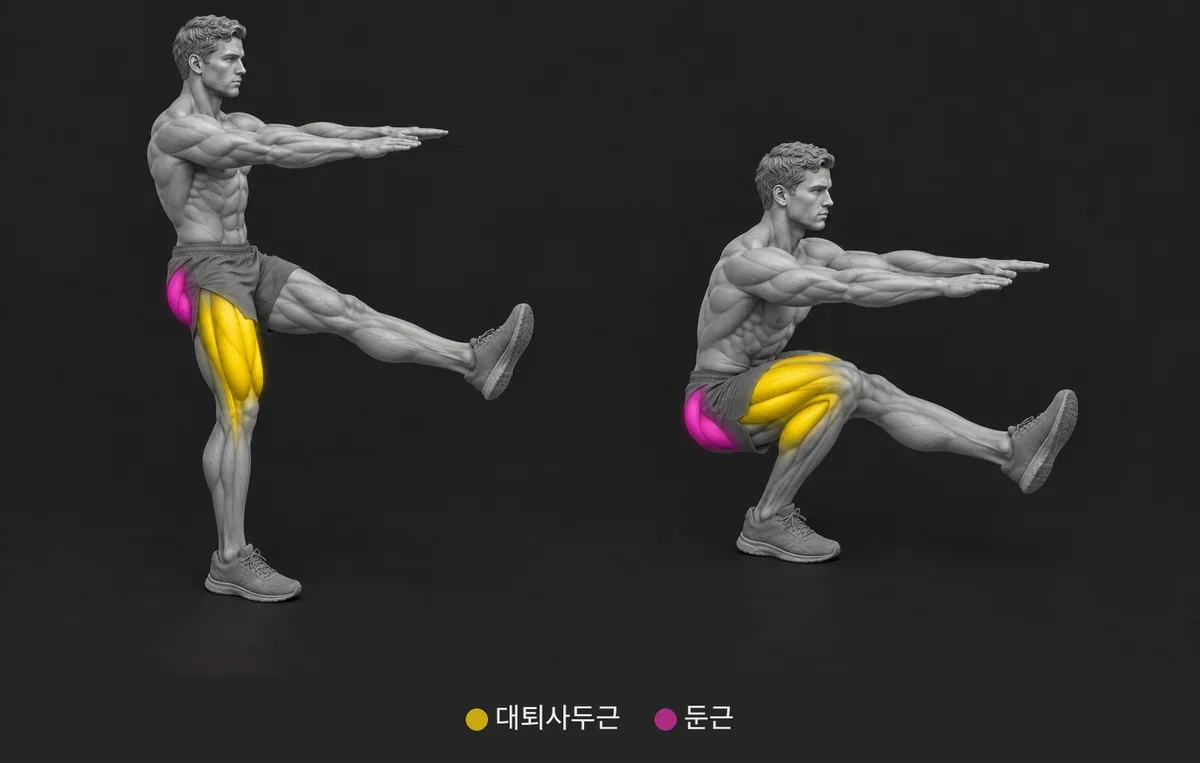 Pistol Squat: 쓰이는 근육을 색과 이름으로 표시한 해부 그림
