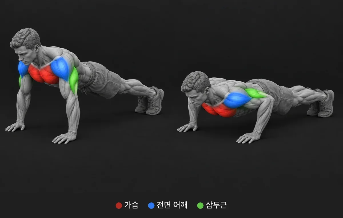 Push Up: 쓰이는 근육을 색과 이름으로 표시한 해부 그림