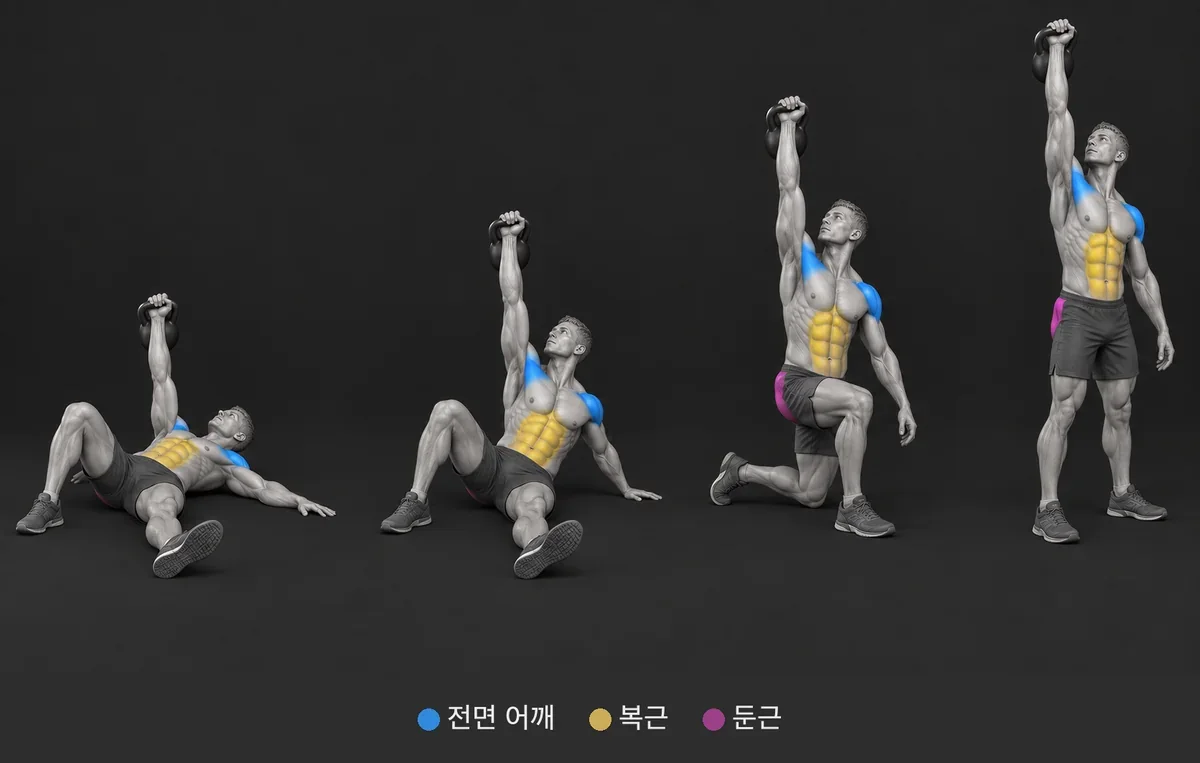Turkish Get Up: 쓰이는 근육을 색과 이름으로 표시한 해부 그림