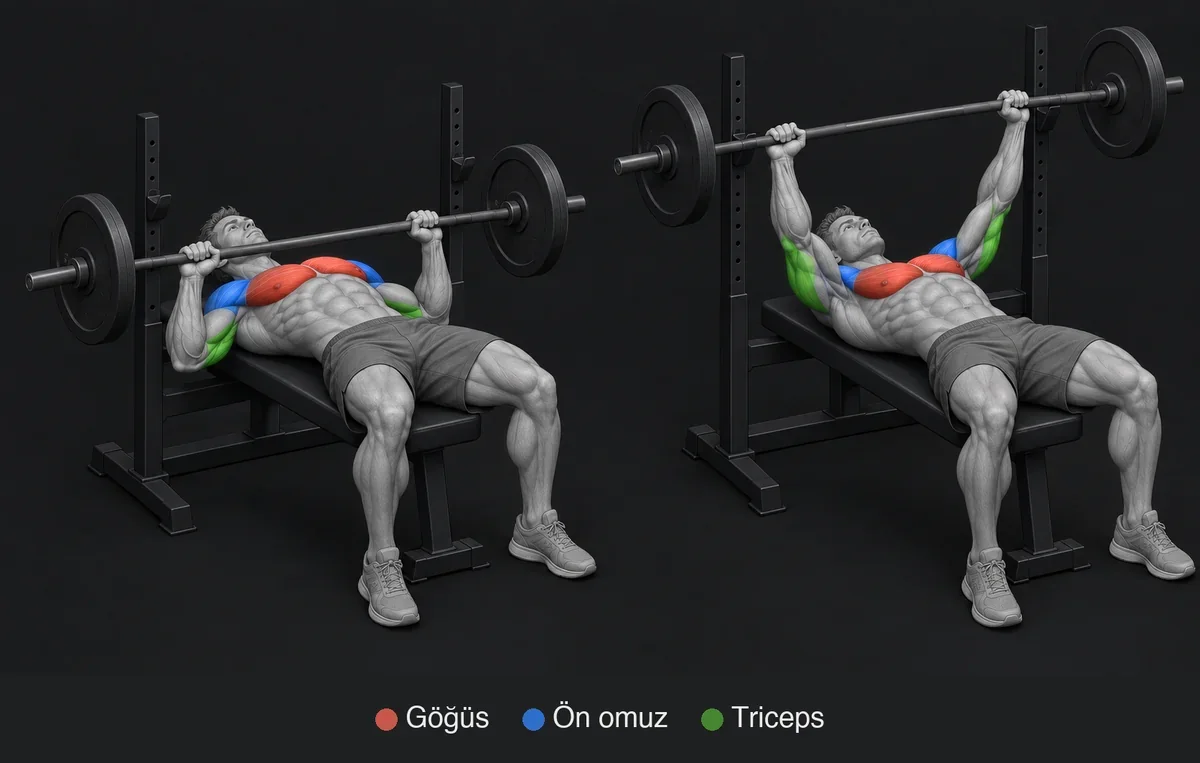 Bench Press: çalışan kasları renkli ve adlı anatomik çizim