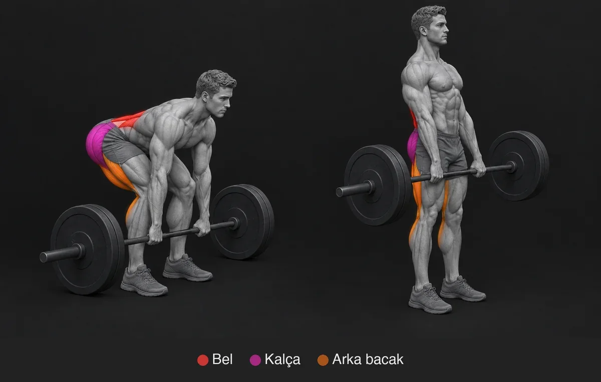 Deadlift: çalışan kasları renkli ve adlı anatomik çizim