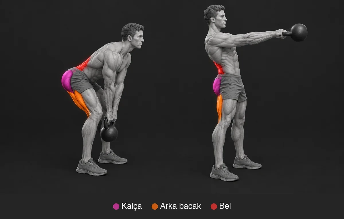 Kettlebell Swing: çalışan kasları renkli ve adlı anatomik çizim