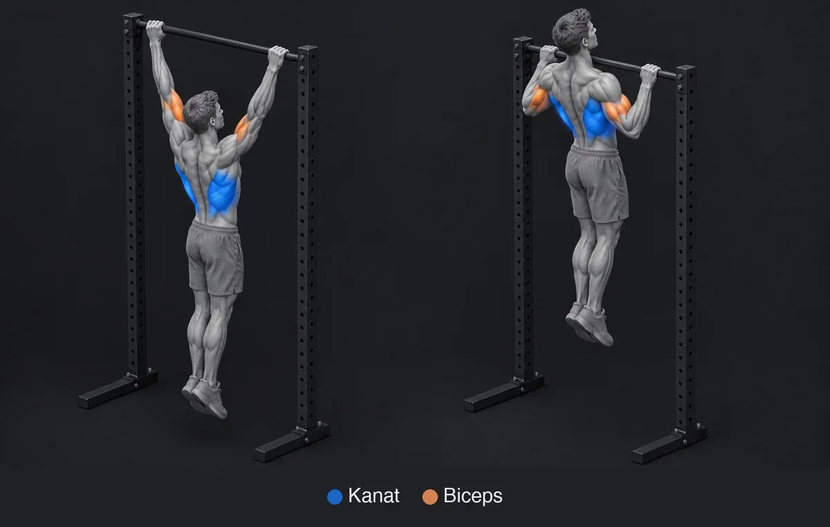 Pull Up: çalışan kasları renkli ve adlı anatomik çizim