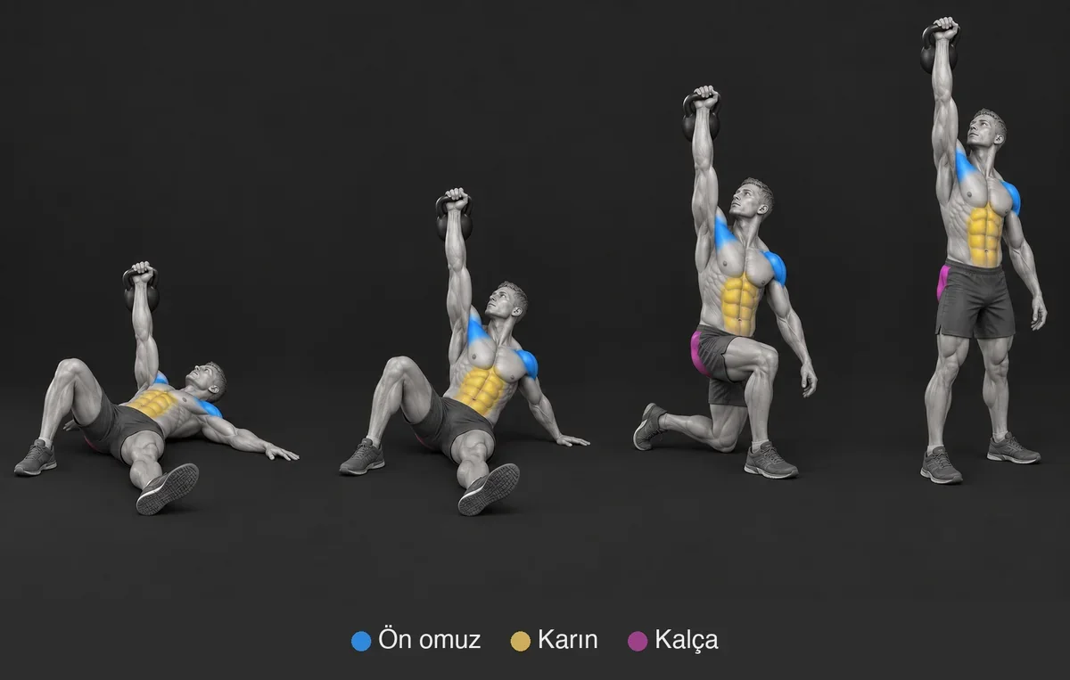 Turkish Get Up: çalışan kasları renkli ve adlı anatomik çizim