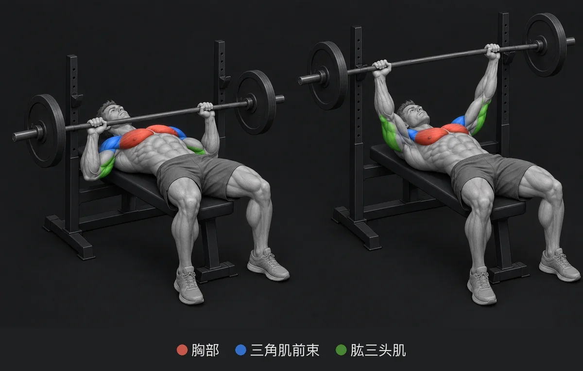 Bench Press：用颜色和名称标出发力肌肉的解剖插图