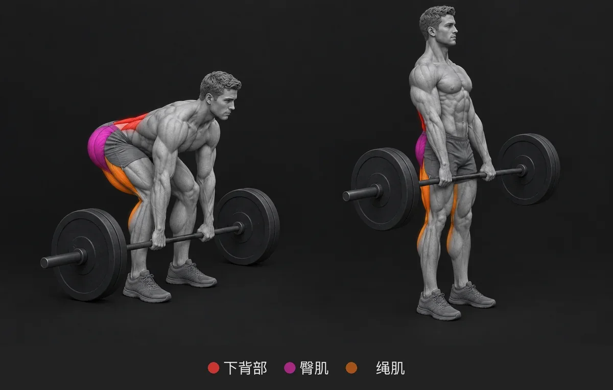 Deadlift：用颜色和名称标出发力肌肉的解剖插图