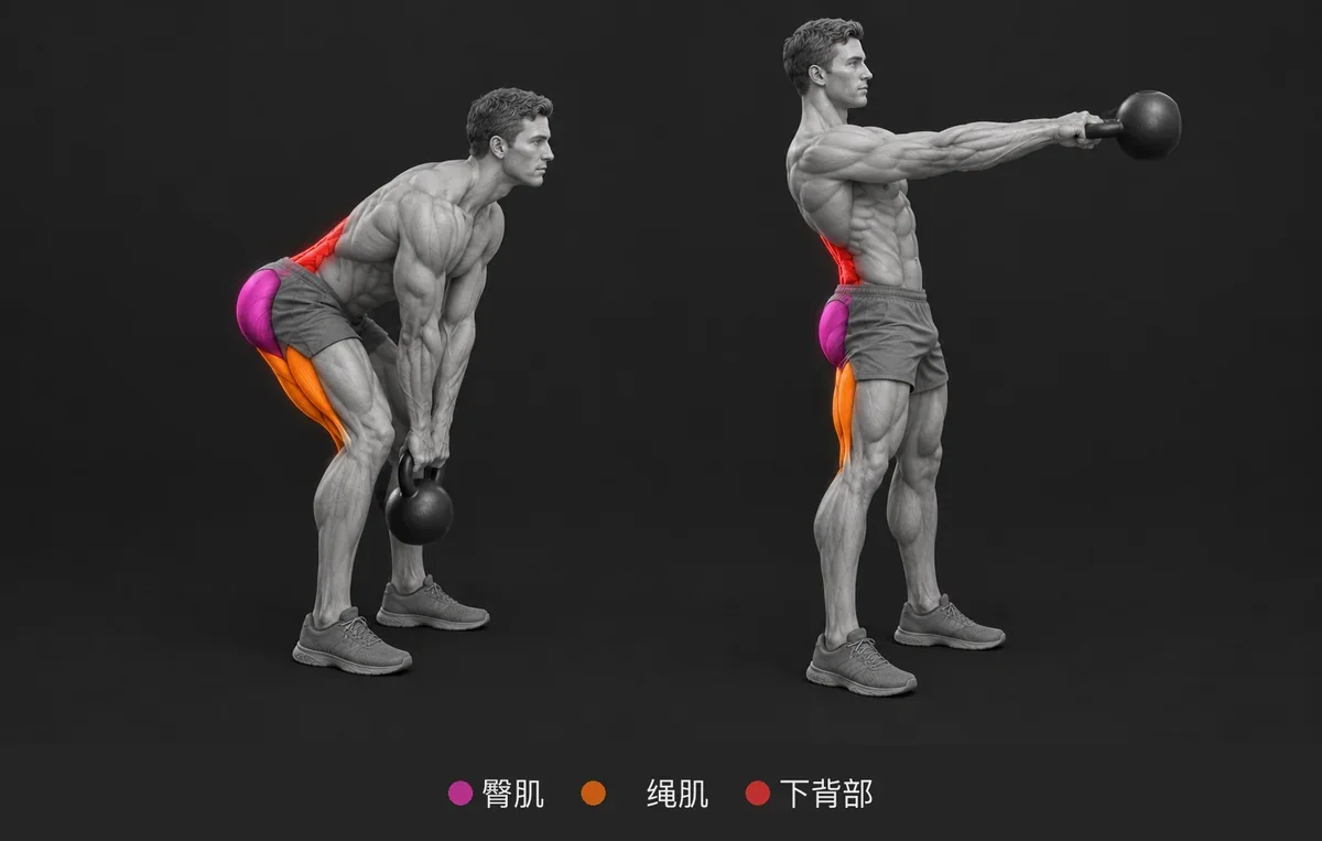 Kettlebell Swing：用颜色和名称标出发力肌肉的解剖插图
