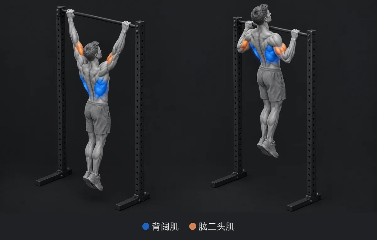 Pull Up：用颜色和名称标出发力肌肉的解剖插图