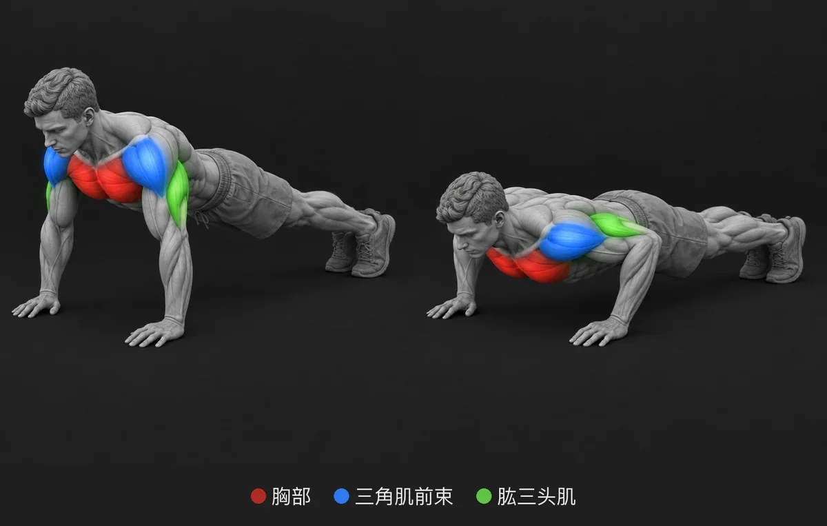 Push Up：用颜色和名称标出发力肌肉的解剖插图
