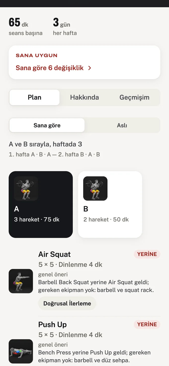 The “For you” tab of a program: swapped exercises, each with its reason