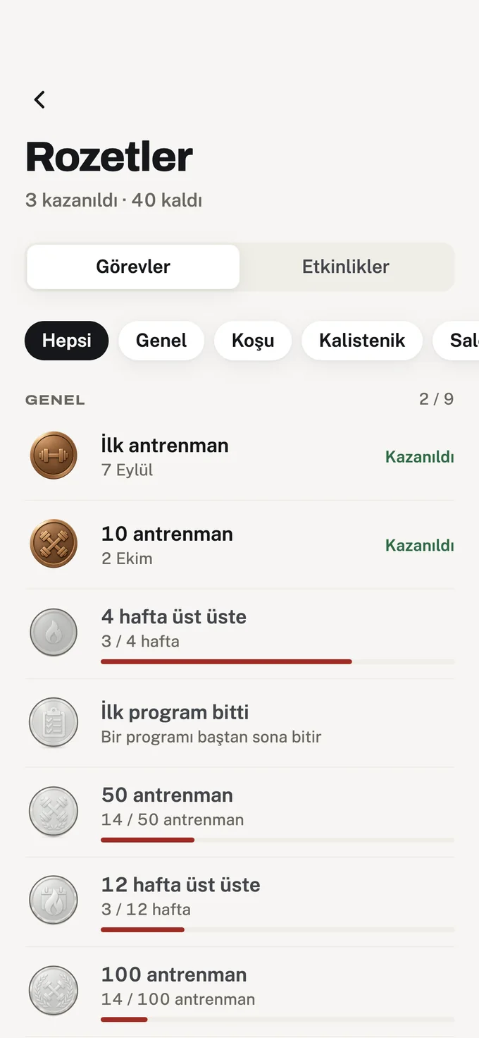 Badges screen: goals by sport, progress bars and earned badges