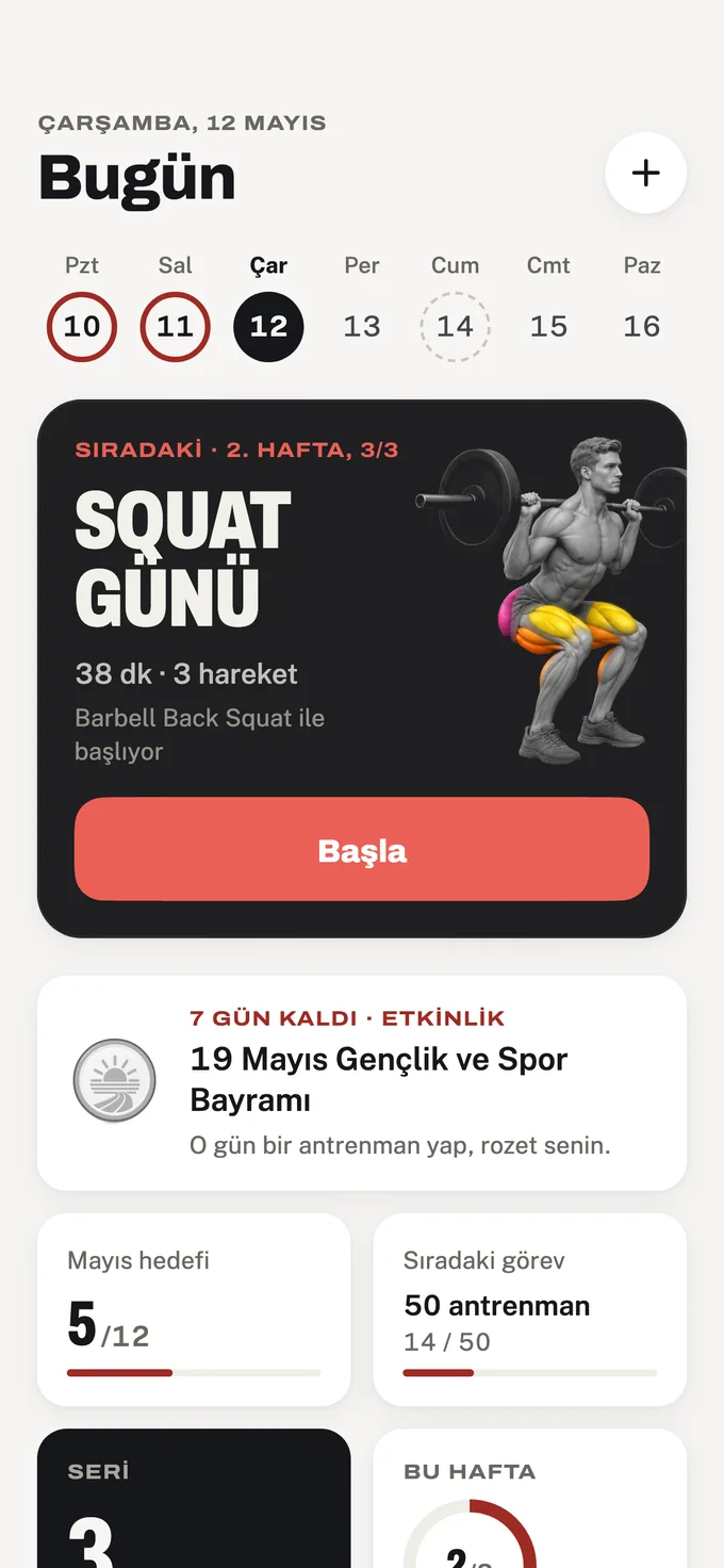 Kinetude’s Today screen: the next workout of the program, a week strip and the monthly goal
